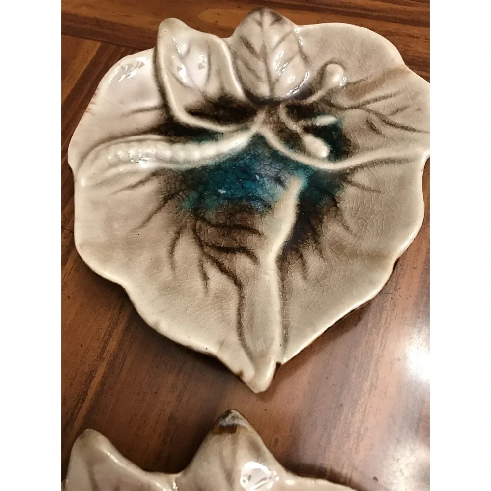 Vintage‎ Pottery Stoneware Brown Teal Leaf Plate ash tray